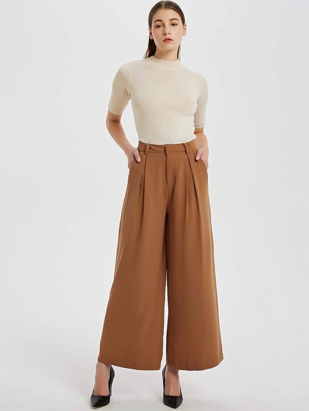 Tronjori Womens High Waist Casual Wide Leg Palazzo Business Pants in Terracotta